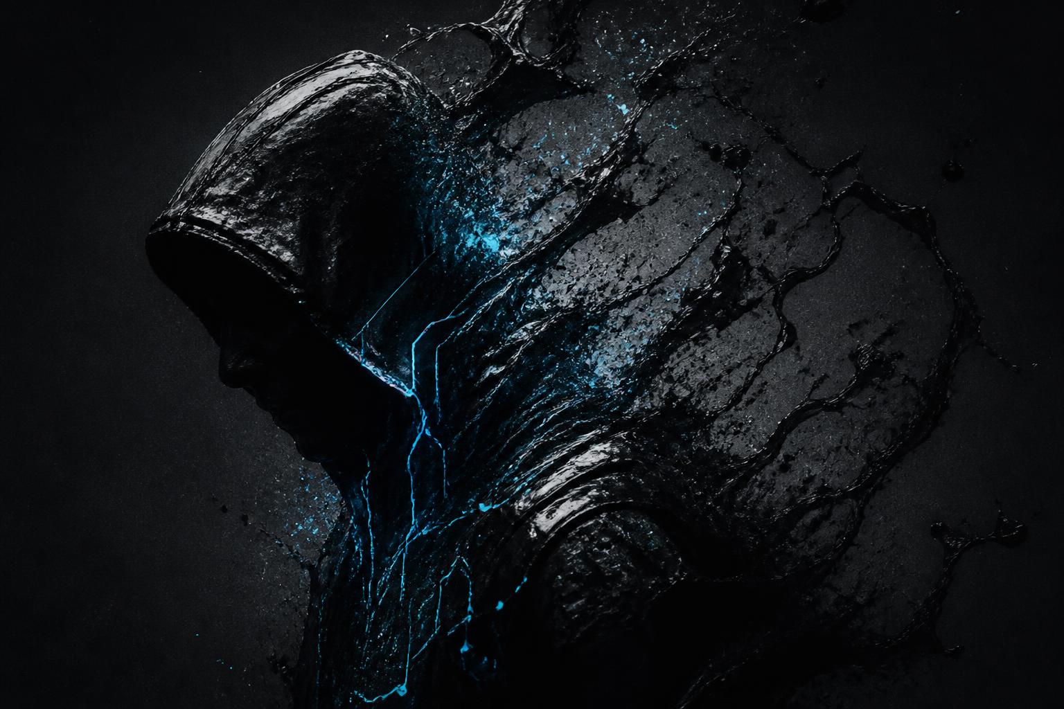A hooded figure dissolving into black ink with faint electric blue veins